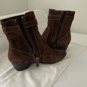 Dark brown suede booties by Joan and David